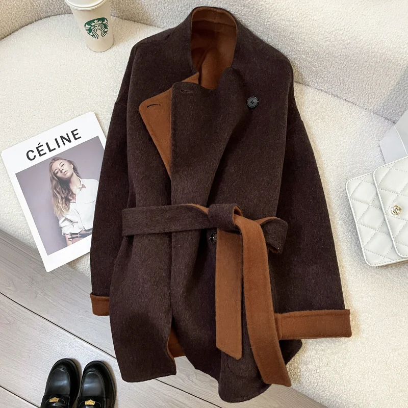 Beige Double-sided Wool Blended Coat Women's Fashion Simple Two-color Loose Wild Fashion French Lady High Quality Elegant Coat