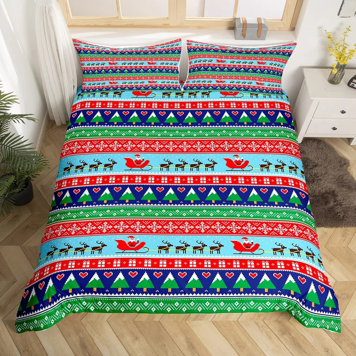 Christmas Duvet Cover Cartoon Santa Claus Deer Bedding Set for Kids Girls Teens Room Decor Quilt Cover XMAS Tree Comforter Cover