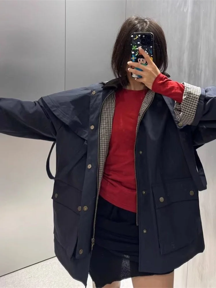 

Retro American Sle Loose Fit Hooded Coat New Autumn Women's Faion Cotton Long Sve Zipper Closure Color Windbreaker