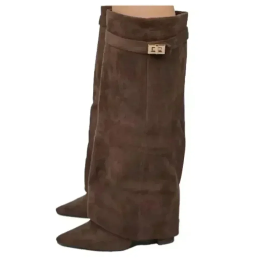 2025Autumn and Winter New Pointed Metal Buckle Knee High Women's Boots, Thick High-heeled Pants Boots, Fashionable Mid Leg Boots image 6