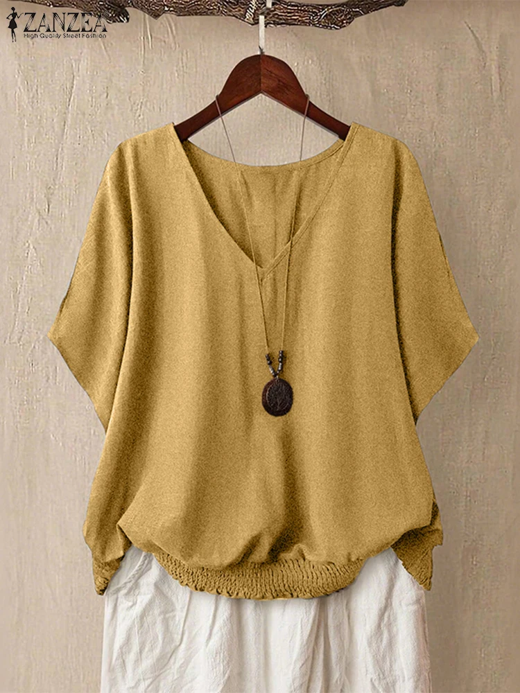 

ZANZEA Women Elegant Blouse Vintage Solid Color Shirts 2025 Summer Short Sleeve Casual Loose Tunic Tops Fashion Blusas Femininas