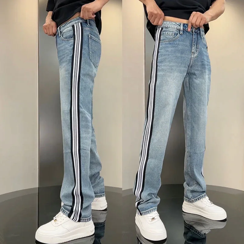 

Men's Faionable Striped Patchwork Jeans Loose Straight Leg Long Trousers Autumn New Arrival Casual High Waist Zipper Fly