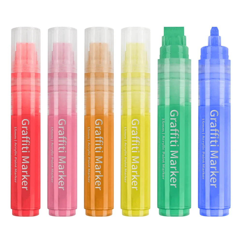 Acrylic Paint Marker Set 15mm Flat Nib Water Based Pigment For Stone Wood Paper Hand Drawing Crafting Art Supplies