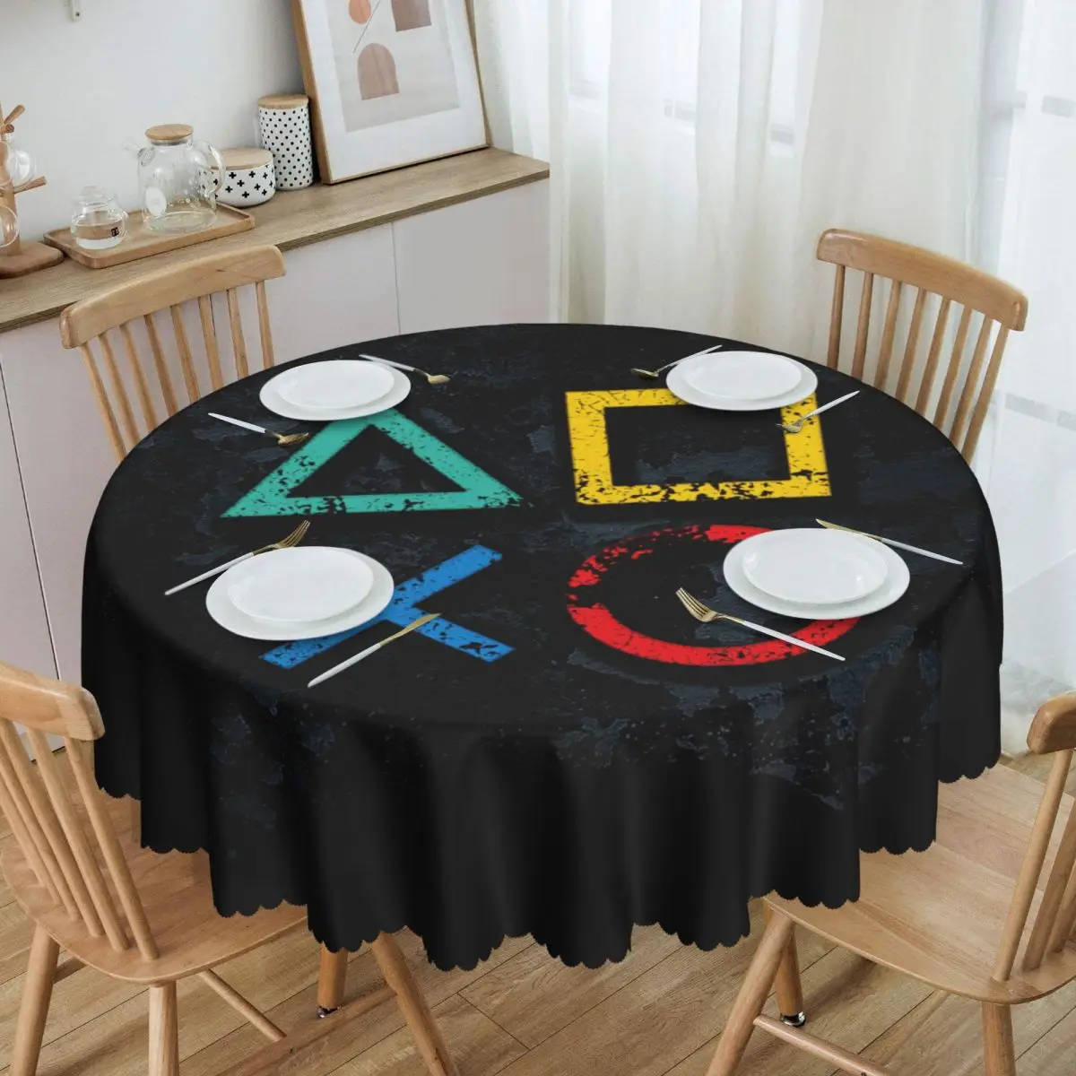 Custom Round Fitted Playstations Buttons Table Cloth Oilproof Tablecloth 60 inch Table Cover for Kitchen Dinning