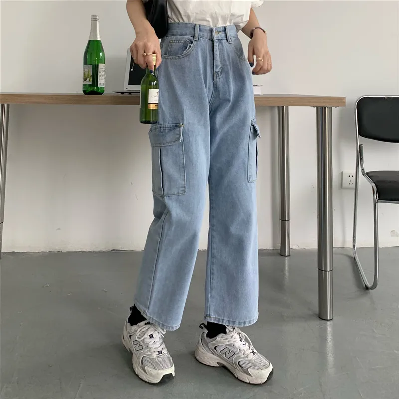 

Women Blue Jeans High Waist American Wide Leg Pants Y2K Style Fashion Streetwear Vintage Female Autumn Straight Trousers