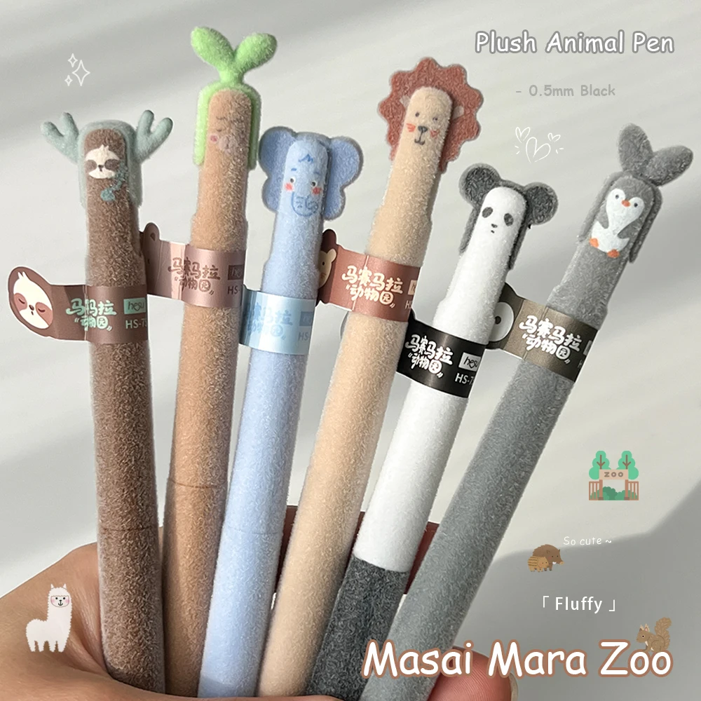 6 Pack Plush Animal Gel Pens 0.5mm Cute Panda Quick-Drying Pen Fun Minimalist Black Pen For Study & Office Use Zoo Theme Penguin