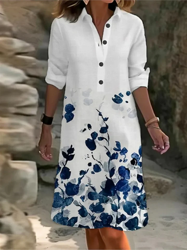 Casual Print Loose Shirt Dress For Women Fashion V Neck Long Sleeve Button Pullover Dresses Lady Holiday Womens Clothing Summer