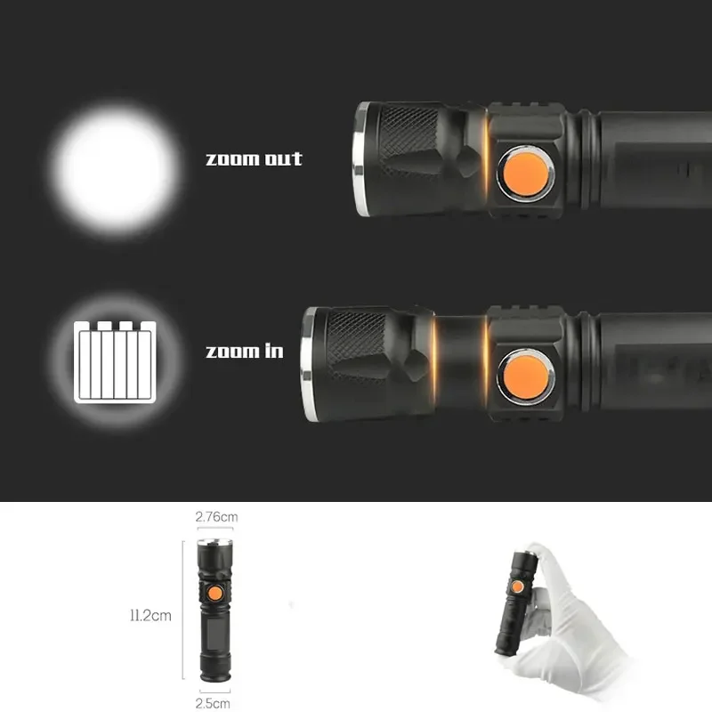 Mini Portable USB Rechargeable LED Flashlight Torch Outdoor Camping Light Waterproof Zoomable Lamp Bicycle 3Mode Handy Light