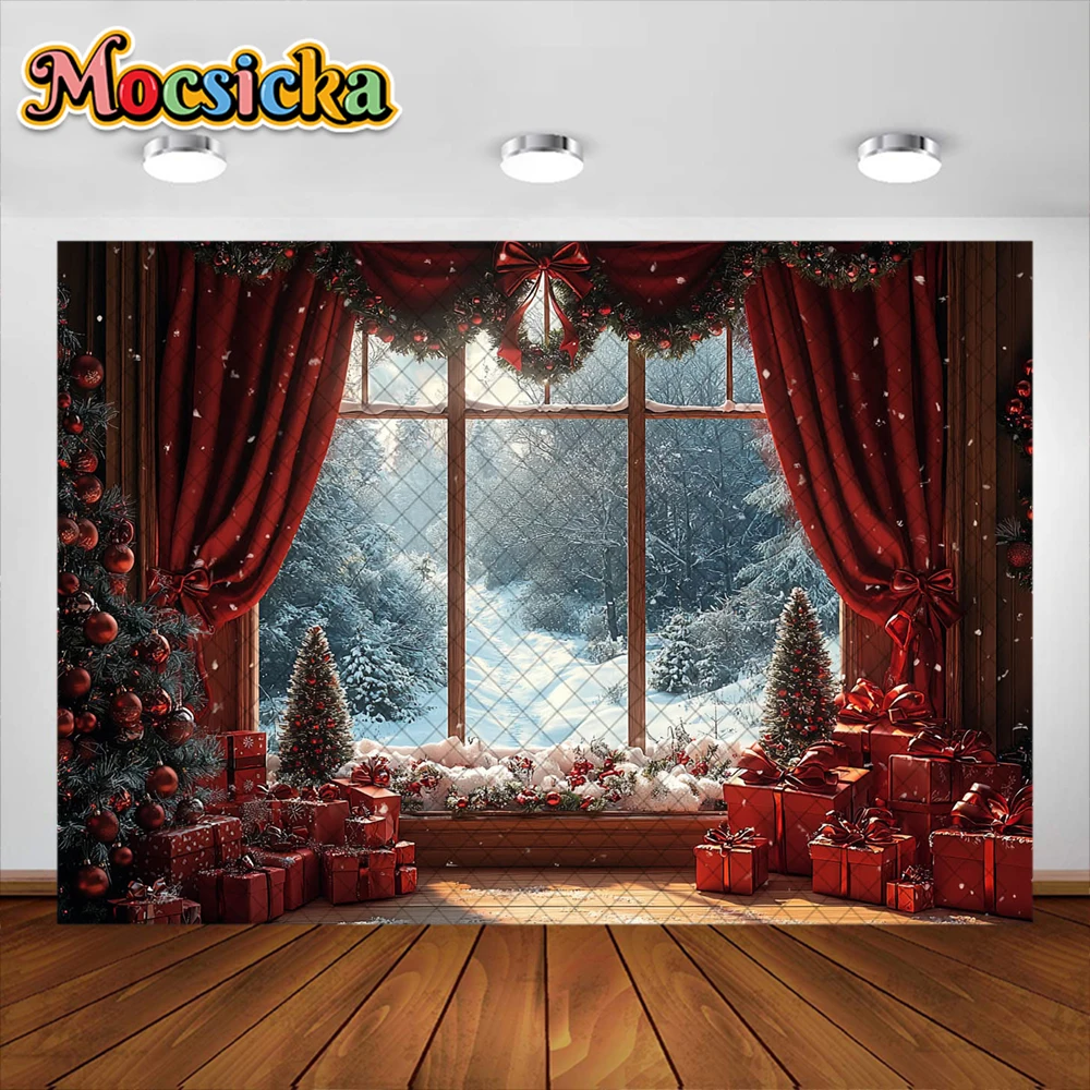 ฤดูหนาวคริสต์มาสห้องการถ่ายภาพพื้นหลังสีแดง Xams ต้นไม้ตกแต่งหน้าต่างเด็กวันหยุดภาพพื้นหลังสตูดิโอ Props แบนเนอร์