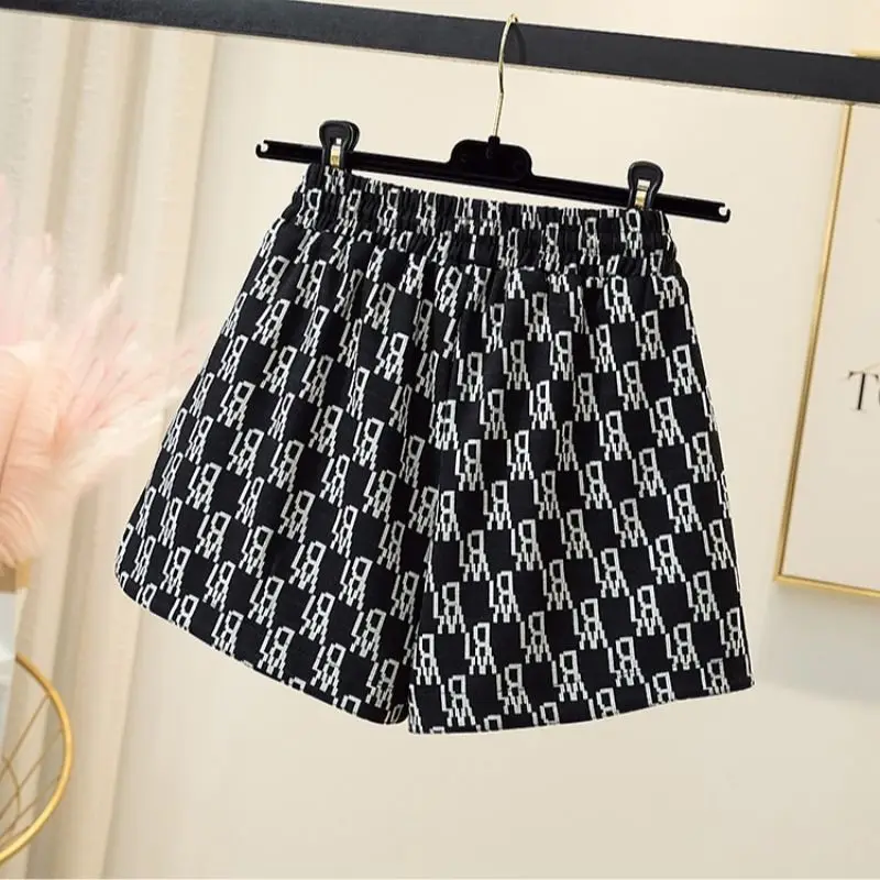 Street Casual Print Letter Shorts Summer Elastic Waist Loose Plus Size Trend Wide Leg Hot Pants Fashion Vintage Women Clothing