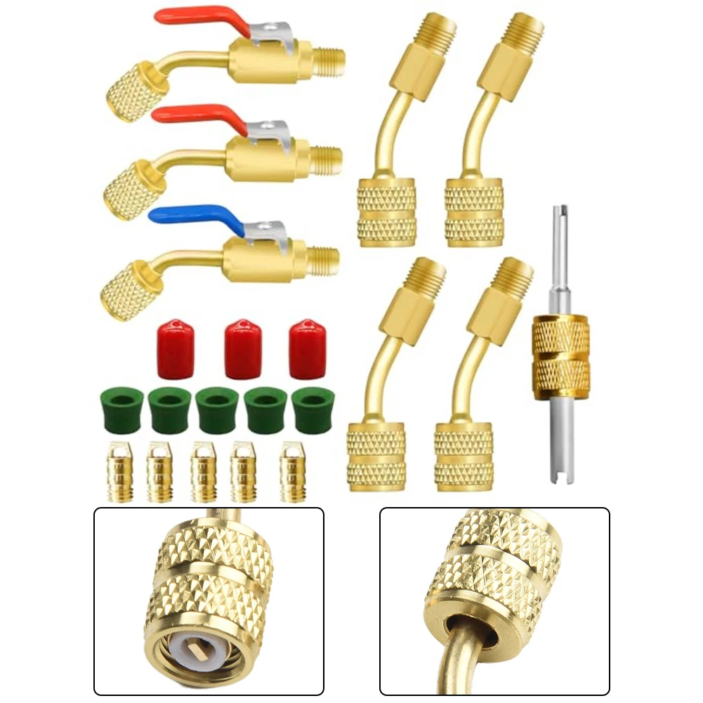 21PCS Brass Adapter Kit R410A 45 Degree Ball Valve For HVAC R134A R22 Air Conditioning Repair Tool Set