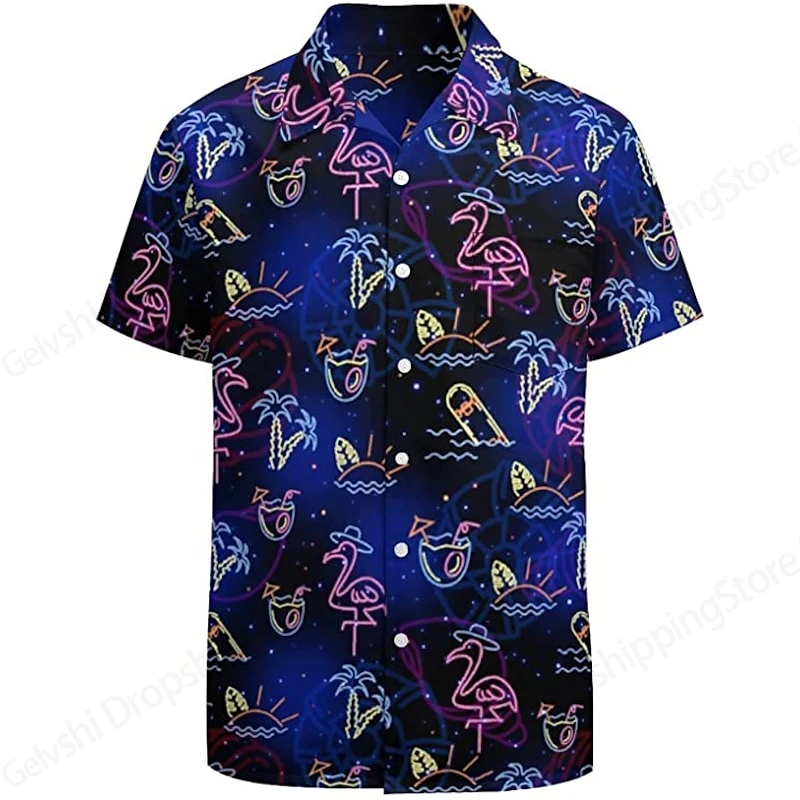 Men's Hawaiian Shirt Camp Tops fluorescent 3d Print Beach Shirts Short Sleeve Hawaiian Shirts Flamingo Graphic Shirt Cuba Camisa