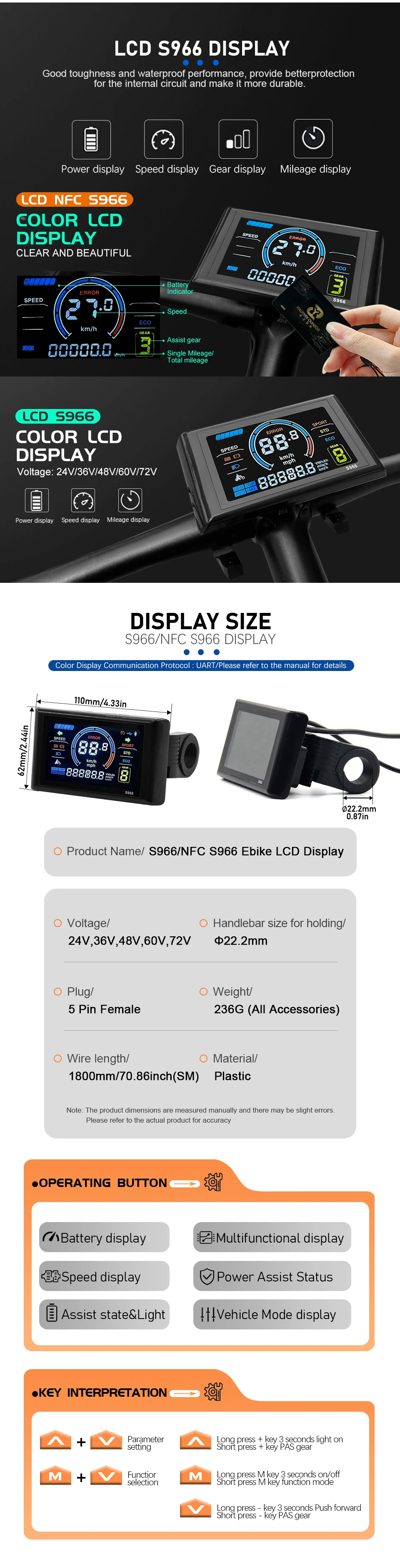 Ebike 3-Modus Sinus Welle Wasserdichte Controller 17A26A30A 24V/36V/48V Farbe S966 NFC Display für 250W-1000W Elektrische Fahrrad Kit Teile – Detail 6