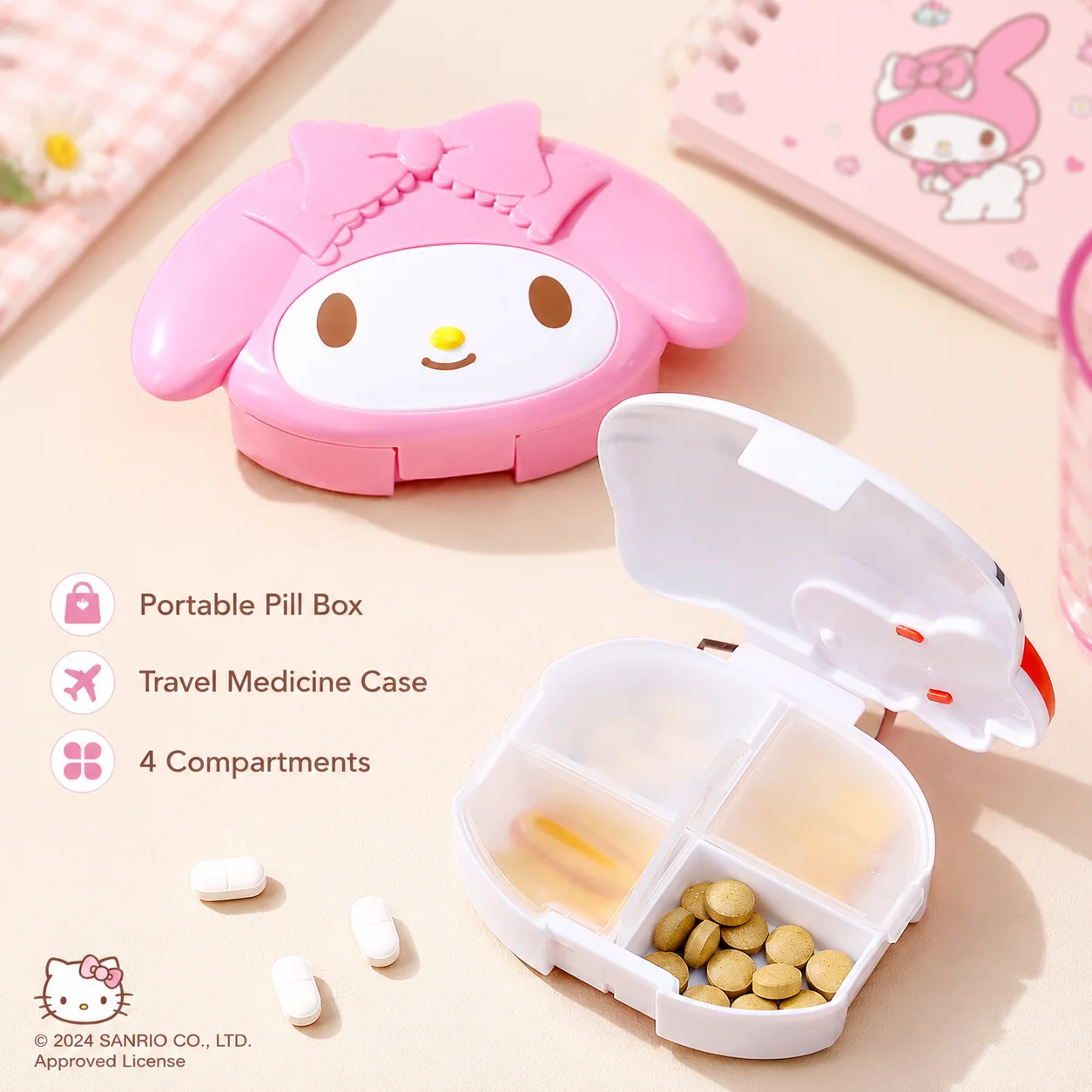 

Sanrio Hello Kitty & My Melody Portable Pill Box 4 Compartments Travel Medicine Organizer Cute Vitamin Holder Container
