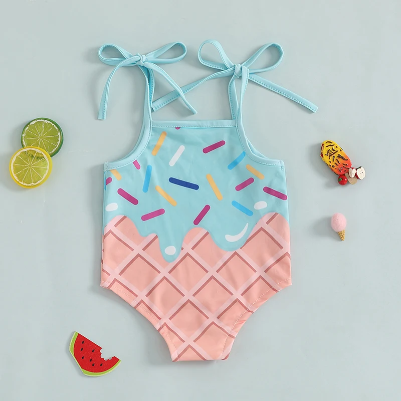 Children s Girls Two-Piece Swimsuit Set Cute Ice Cream Print Bikini with Elastic Waistband for Summer Beach Fun