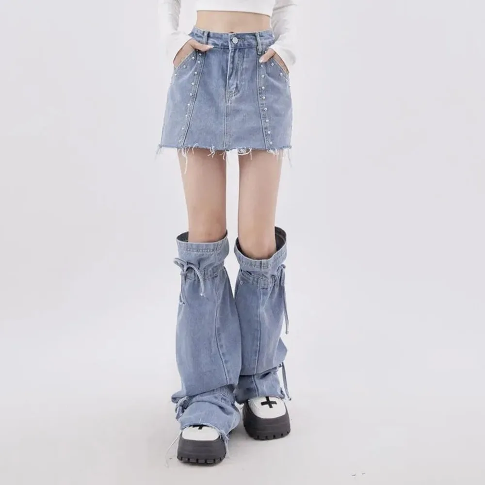 Rayohopp Denim Skirt Cover Leg Set For Women Spring Summer High Street Hot Girl Grunge Y2K Two Piece Set Trendy Mini Jean Skirts