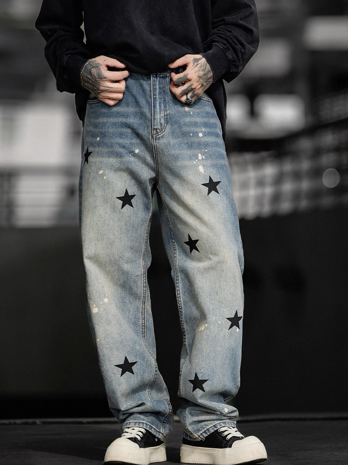 2025 الرجال الخريف جديد فضفاض الراحة شارع العليا ضوء الفاخرة شخصية مستقيم الدينيم السراويل طباعة نجمة خماسية شيك الجينز #5