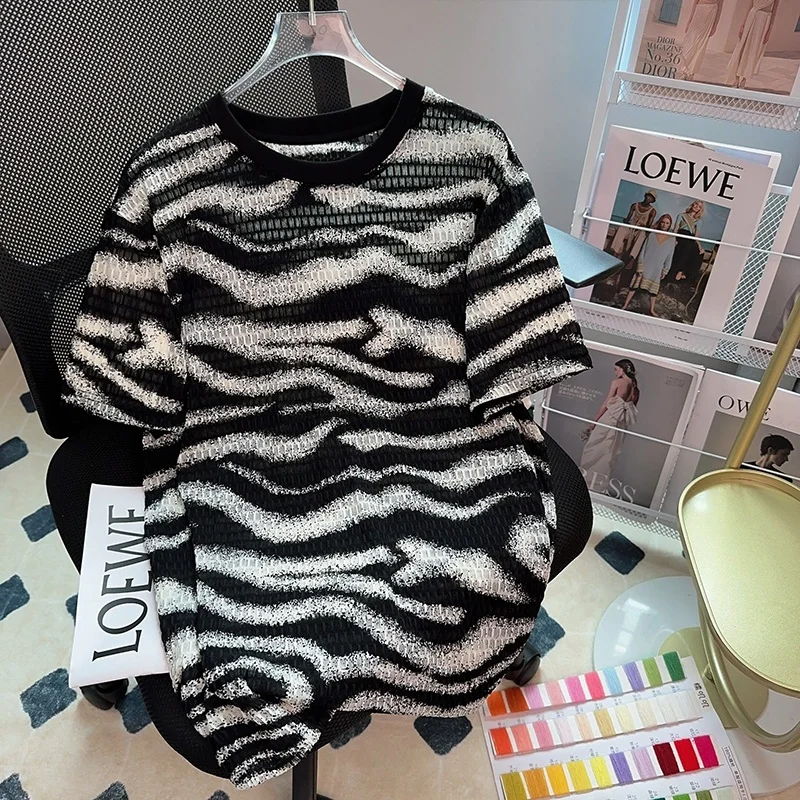 

Faionable Zebra Print ort Sve T-irt Loose Fit ex Large Size Top Youthful Trendy Casual Wear Summer Outerwear