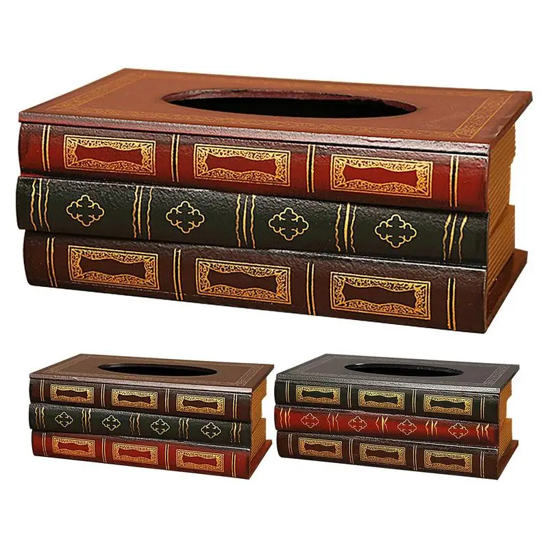 Retro Book Shape Tissue Box Wooden Antique Book Tissue Holder Household Paper Towel Napkin Storage Box for Home tabletop