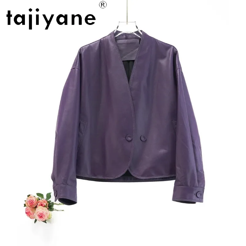 TAJIYANE Genuine Leather Jacket Woman Sheepskin Short Leather Coat Slim Fit Jackets for Woman V-neck Outerwear Multi Colors 자켓