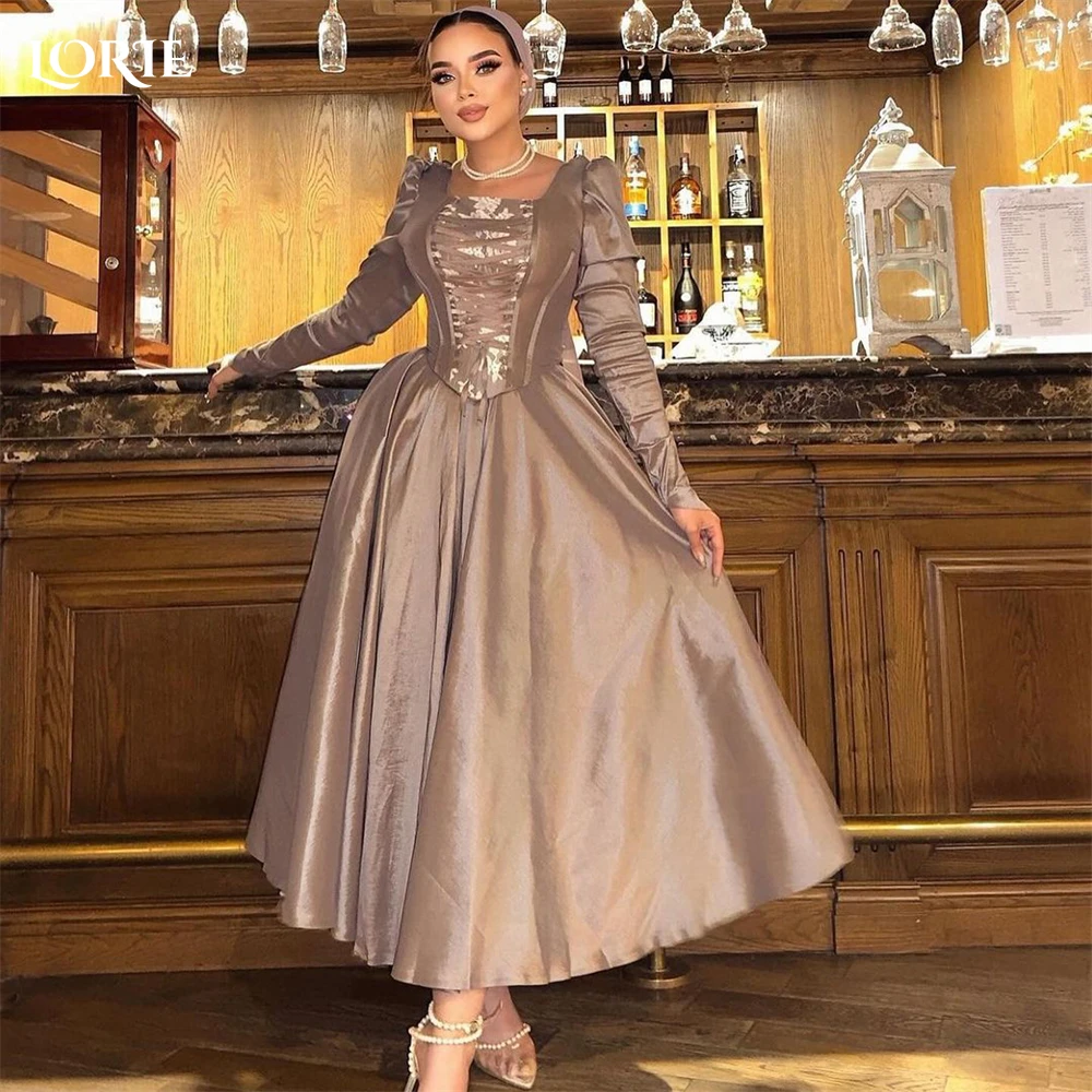 

LORIE Burly Wood Shiny Formal Evening Dresses Square Collar A-Line Cap Sleeves Prom Dress Dubai Ankle Length Wedding Party Gowns