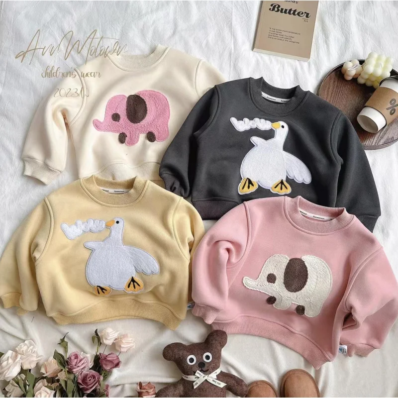 

LYY-Children's Clothing2024Girls' Winter New Fleece-lined Cartoon Print Sweatshirt Baby Girls' All-Matching Outer Wear Warm Top