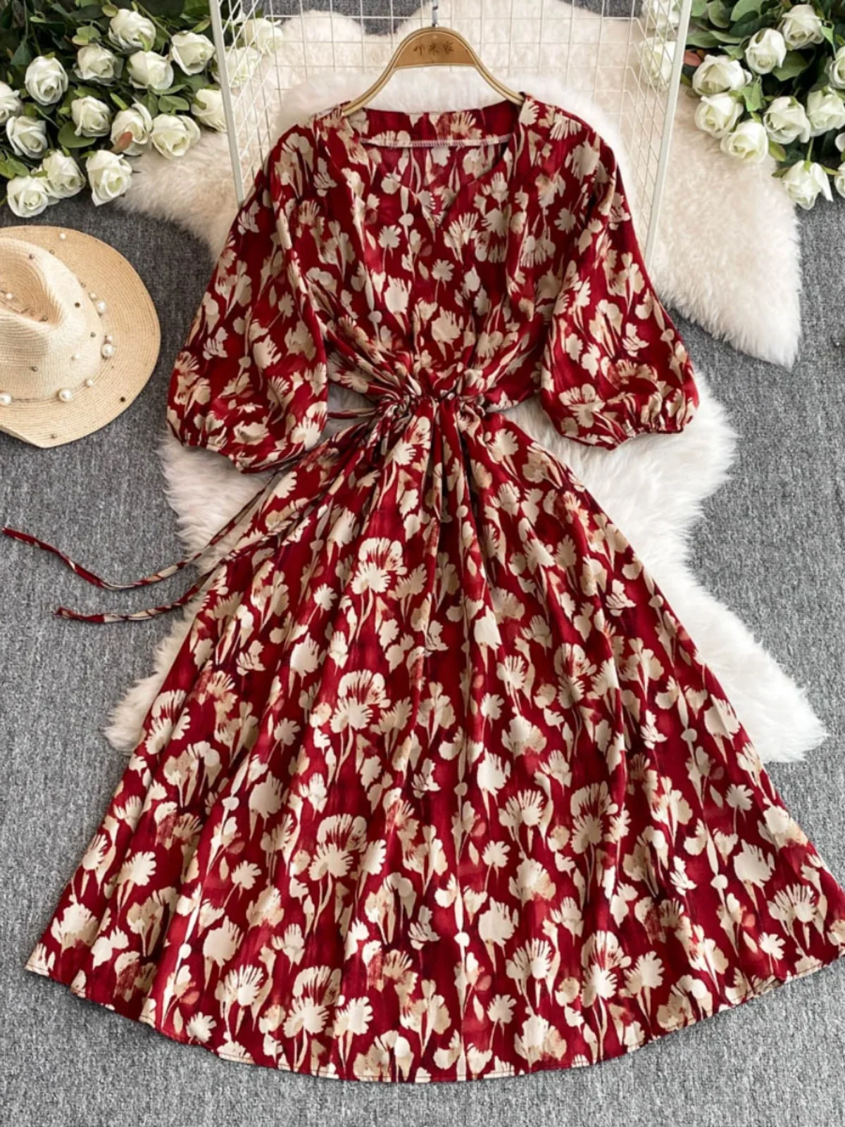 Ofallsis Medium Long Floral Printed Dress 2024 Summer Drawstring Waist Cinched Five Quarter Sleeve O neck Chiffon Dress Elegant