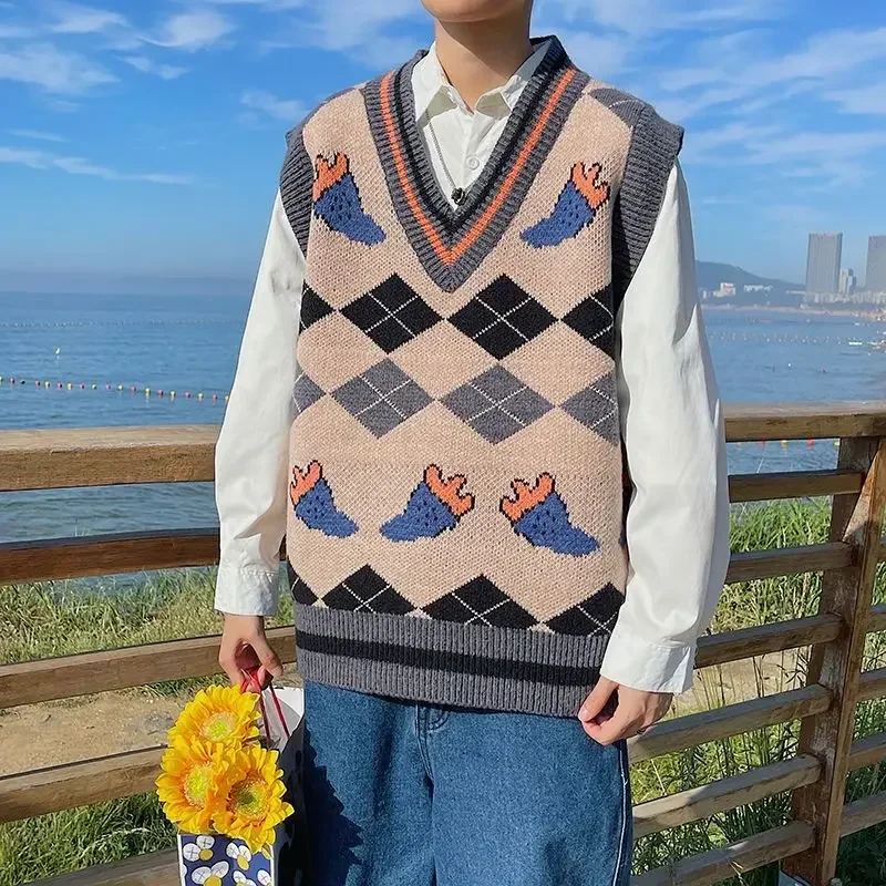 Sweater V-Neck Pria Longgar Bermotif Rompi Rajut Pria Diskon Pakaian 2025 Rompi Elegan Korea Ulasan Pakaian Murah Y2k