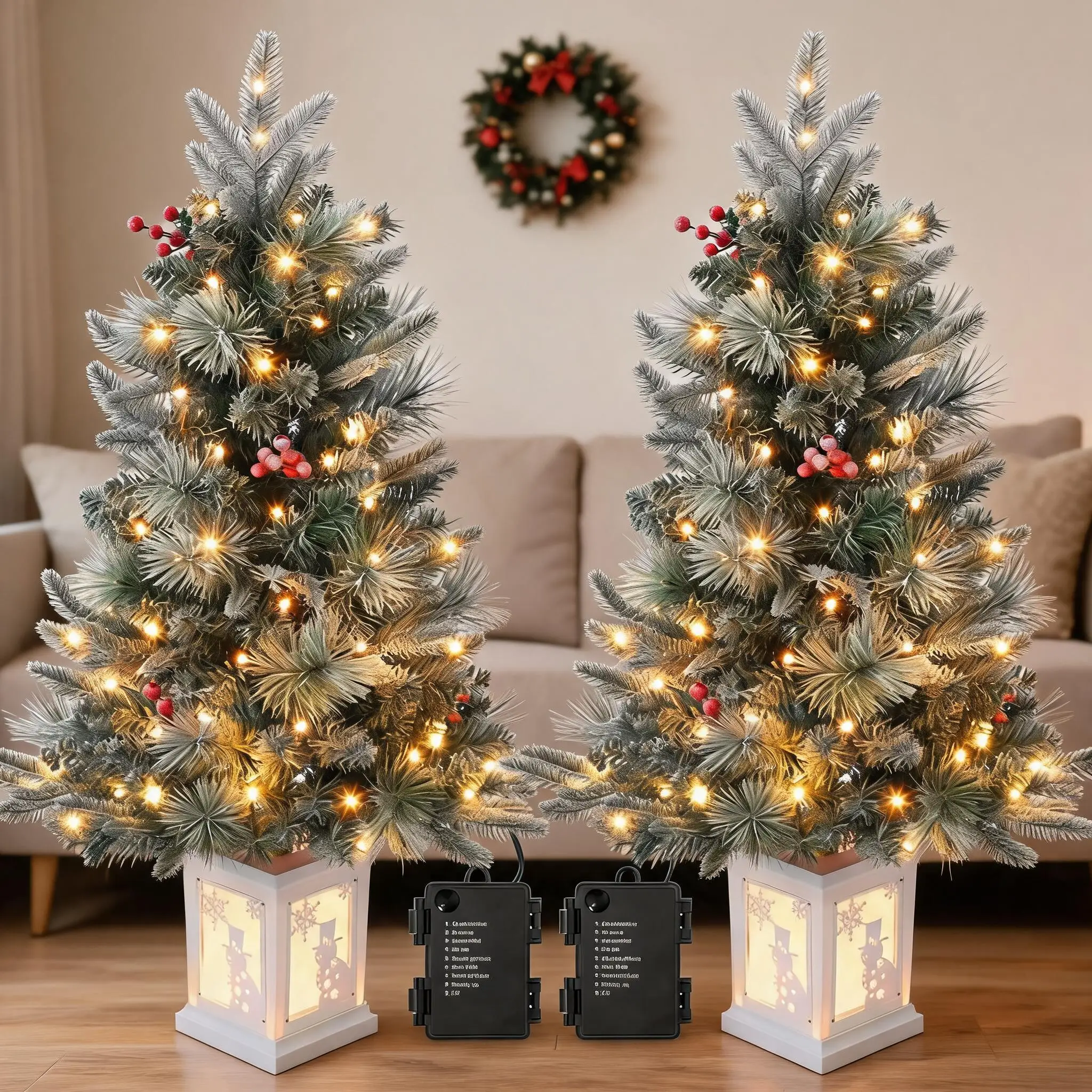 2-Pack 3ft Snow-Flocked Mini Christmas Trees with 78 LED Lights, 8 Modes, Battery Operated – White Snowman Base, Realistic PVC Needles, Indoor/Outdoor Holiday Decor