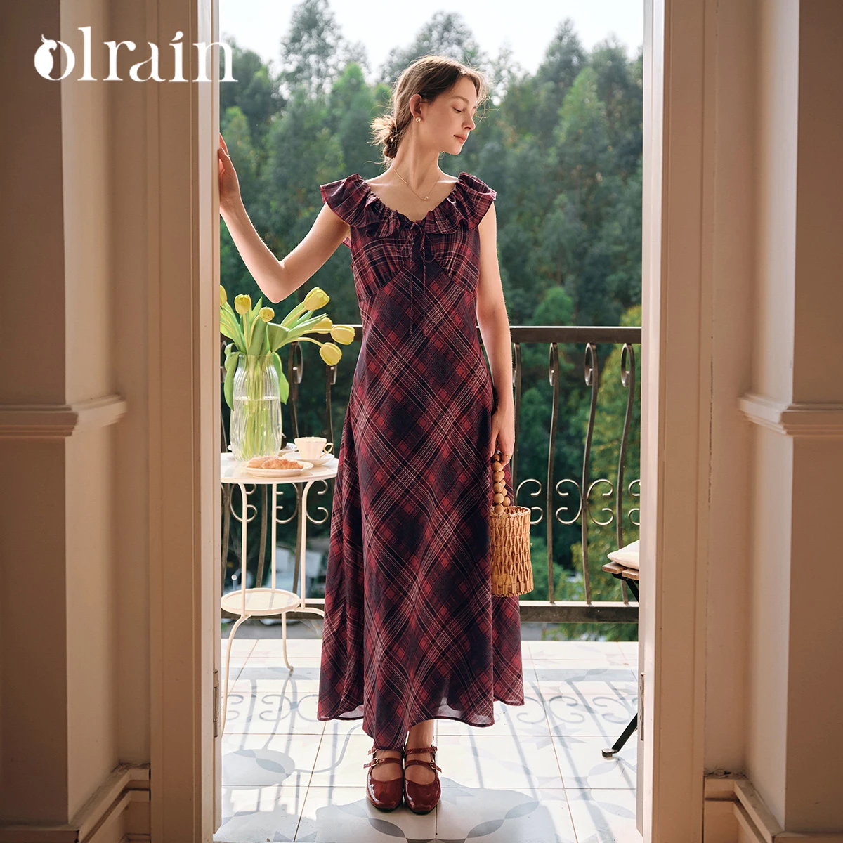 

OLrain Women's Red Gingham Chiffon Long Dress Lady Summer 2025 Vintage Ruffle Fitted French Tea Dress Female Clothing O57XL98851