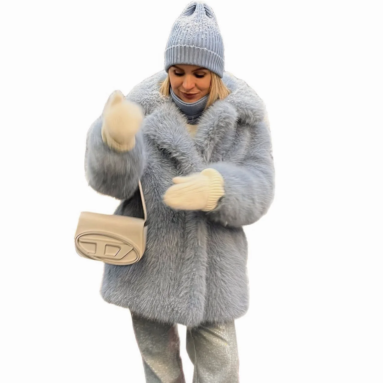 Teddy Luxe Faux Fur Coat Notch Lapel Long Sleeve Winter Warm Women’s