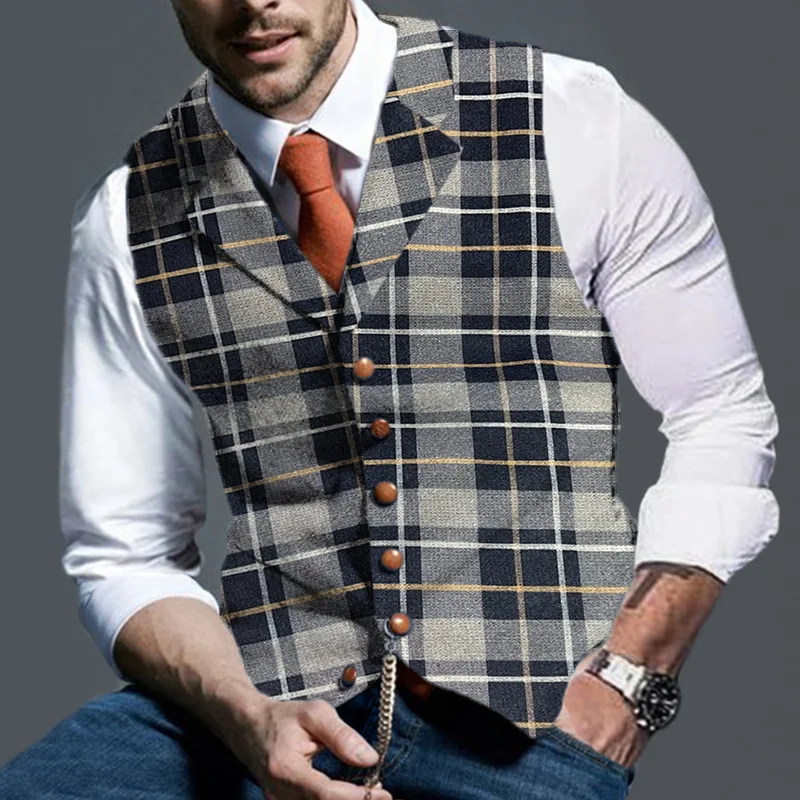 

Men's Vest Plaid Vest Wedding Tweed Formal Male Gentleman Business Waistcoat Tailored Collar Retro Tooling Vest chaleco hombre