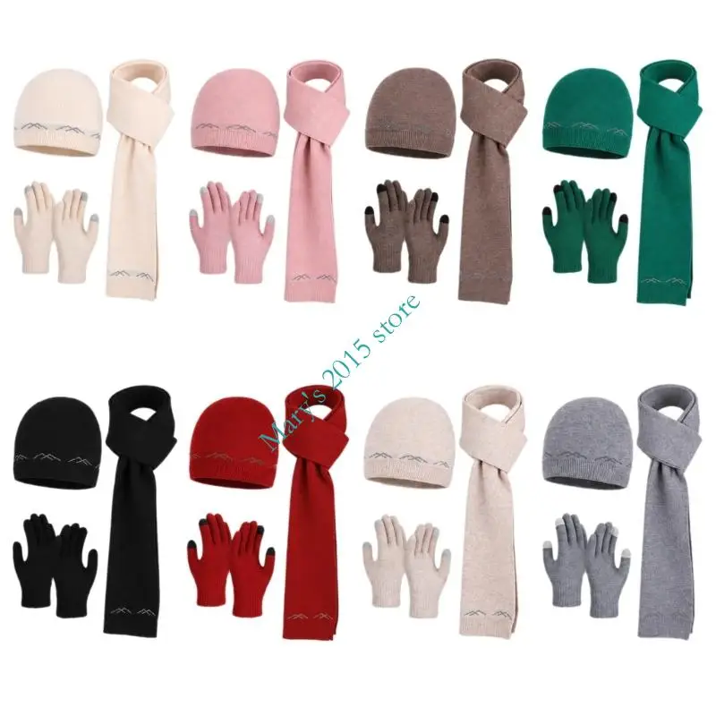 Women's 3-Piece Winter Knit Hat Scarf and Gloves Set with Ribbed Mountain-Line Detail Brimless Hat for Cold Weather Outdoor Wear