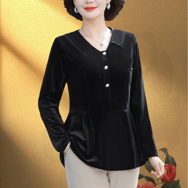 

Spring Long-sleeved Gold Velvet Base Women's Solid Color Belly-covering Top Fashionable and Fashionable Shirt