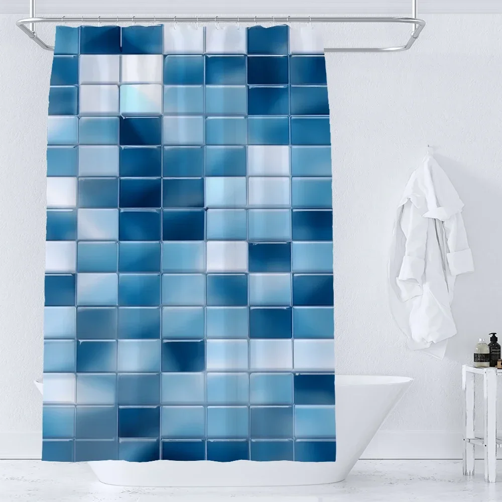 Blue Mosaic Pattern Shower Curtains Waterproof Polyester Bath Curtain Geometrical for Bathroom Home Decor Curtain with Hooks