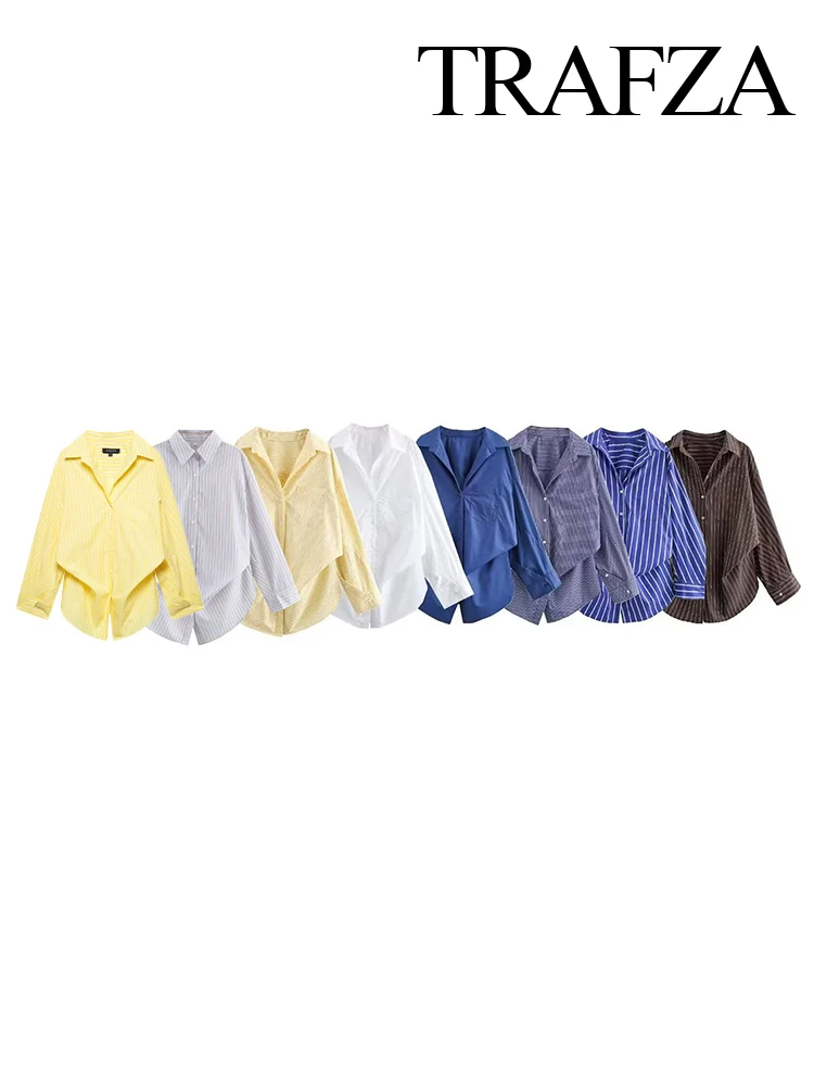 TRAFZA Women New Casual Versatile Commuter Striped Long-sleeved Shirt Female Elegant Splicing Loose Lapel Single-breasted Blouse