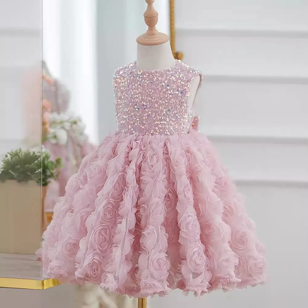 2024 Flower Girl Wedding Pink Princess Ball Gown Children Cute Bow Sequins Sleeveless Birthday Party Dress y1259