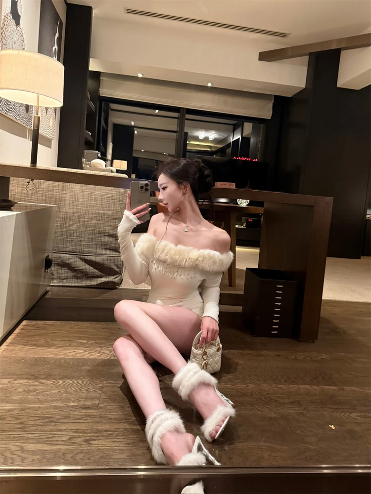 

Вязаный топ Kikimy Sweet Desire с воротником из кроличьего меха, на одно плечо, женский, зимний, повседневный, с длинным рукавом