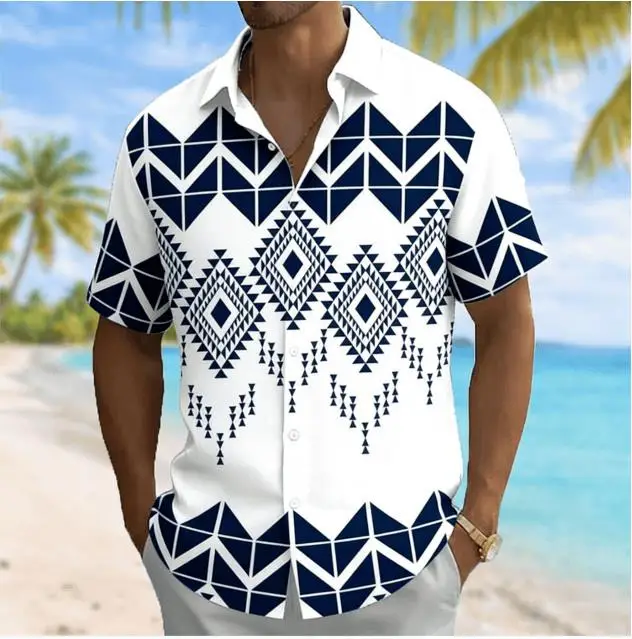 Unisex Loose Button Down Shirt Ethnic Tribal Diamond Geometry Graphic Print Camp Collar Short Sleeve Leisure Tops