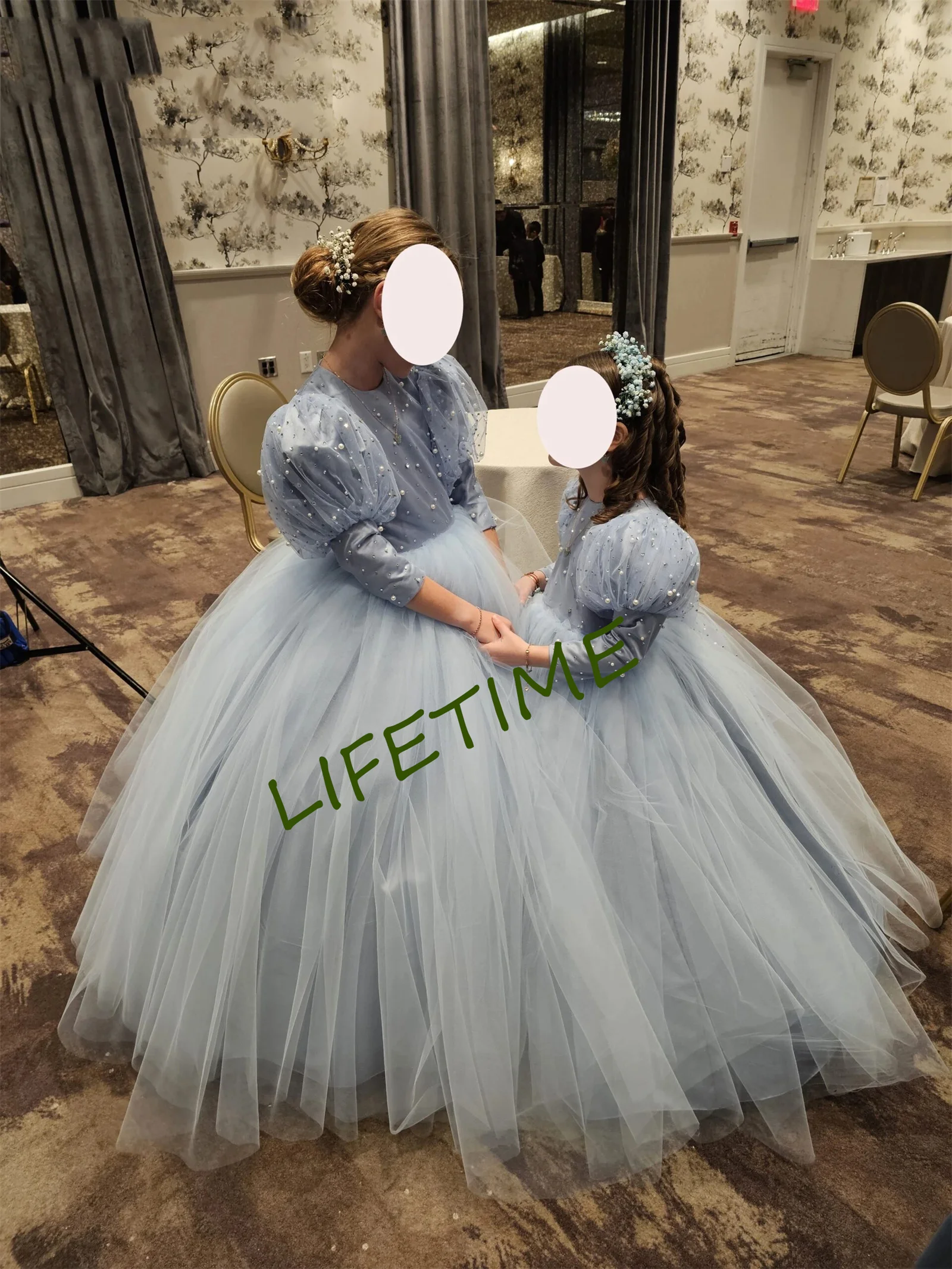 3/4 Sleeve Blue Tulle Flower Girl Dress For Wedding Puffy Balloon Sleeve Pricness Pageant Birthday High Neck Girl Dresses