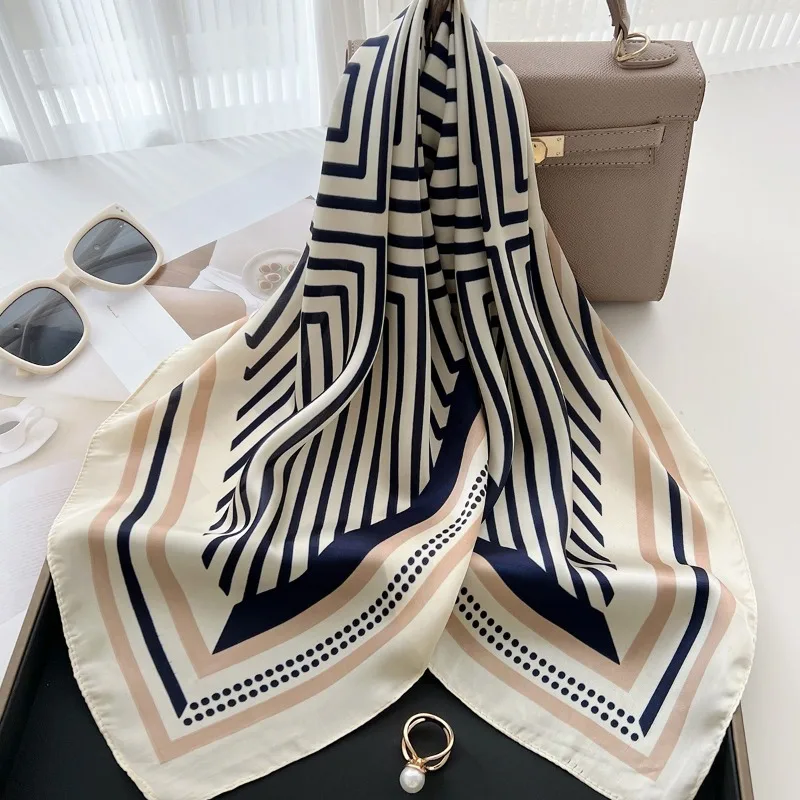 

68cm Geometric Paper-print Scarf Women's Spring and Summer New Imitation Silk Scarfs Fashion Versatile Headscarf Scarf Shawl