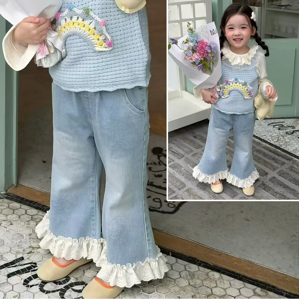 IENENS Girls Jeans Washed Soft Flared Pants Sweet Lace Decoration Denim Trousers Children's Casual Bell-bottoms