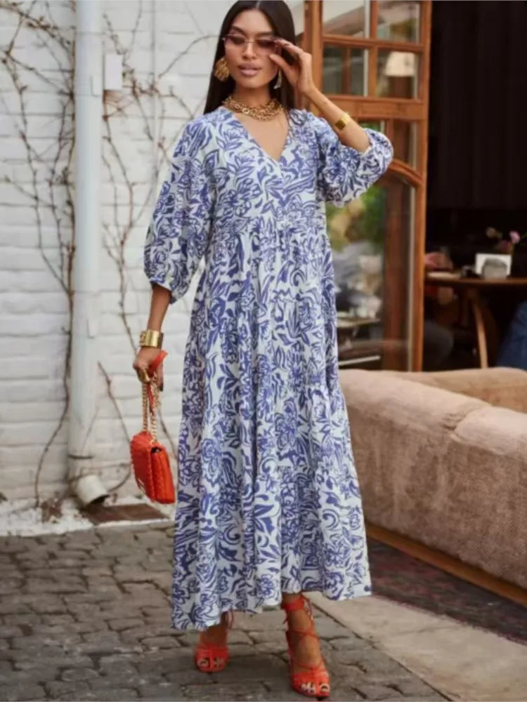 فستان نسائي أنيق مطبوع باللون الأزرق رداء نسائي أنيق للربيع بياقة على شكل حرف v وأكمام طويلة فساتين طويلة غير رسمية للخريف للسيدات #2