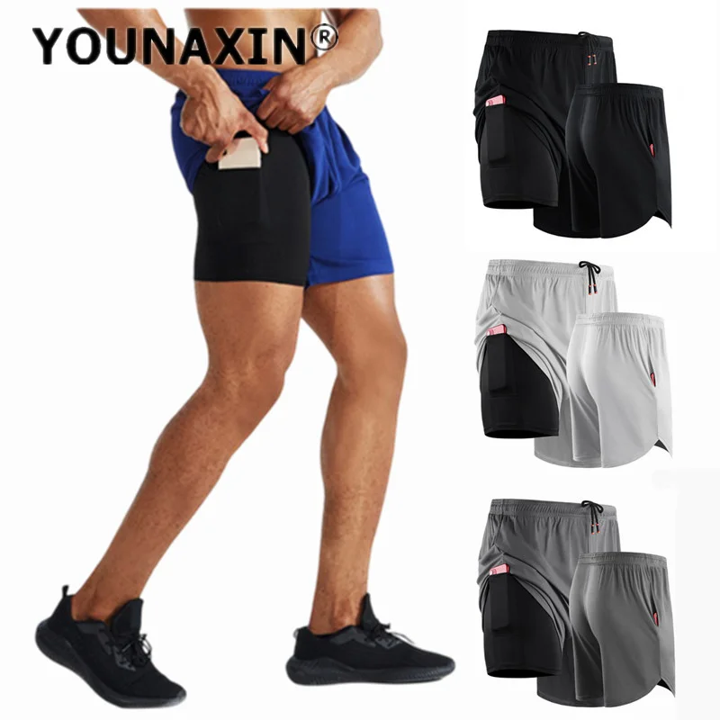Men Large Size Running Fake Two-piece Sports Shorts With Pocket Basketball Pants Boy Gym Fitness Training Yoga M L XL 2XL 3XL