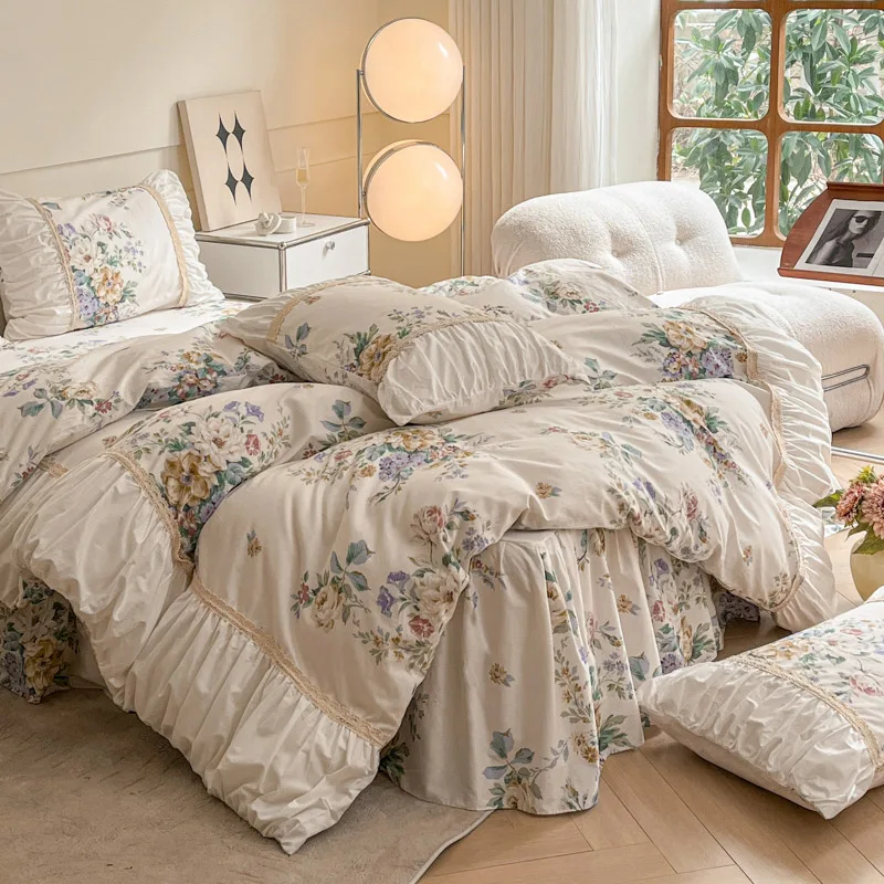 

Pastoral Florals Printing Bedding Set 100% Cotton Princess Lace Ruffles Duvet Cover Sets Bed Skirt Pillowcases Home Textile