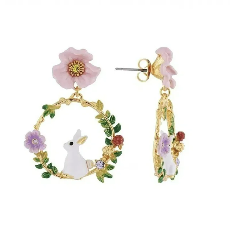 Fashion Cute Animal Earrings Classic Handmade Enamel Pink Flower Little Rabbit Green Branch Circle Dangle Earrings for Women