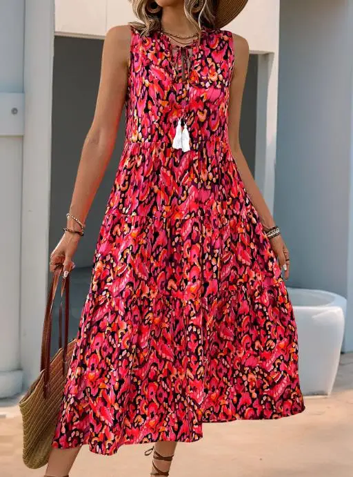 فستان صيفي جديد بدون أكمام ورقبة على شكل حرف V وطباعة تجريدية للنساء فستان كاجوال فضفاض لقضاء عطلة الشاطئ بدون أكمام