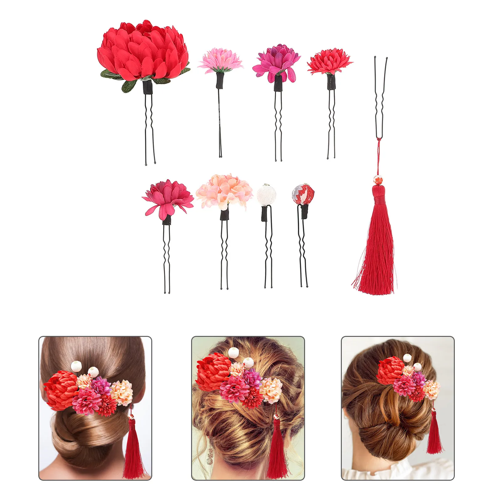 

9Pcs Silk Chrysanthemum Hair Stick Delicate Tassel Decoration Japanese Kimono Hair Accessory Photo Travel Performance Hairpin