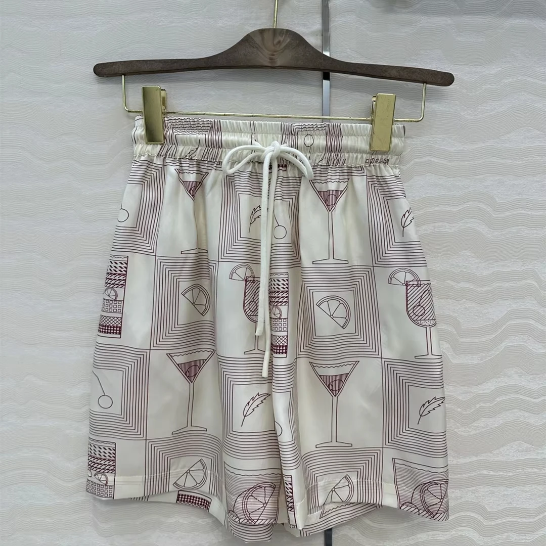 

Designer Brand Spring Summer Silk Twill Elastic Waist Printing A-line Shorts Classical Casual Basics Loose Fit Female Clothes