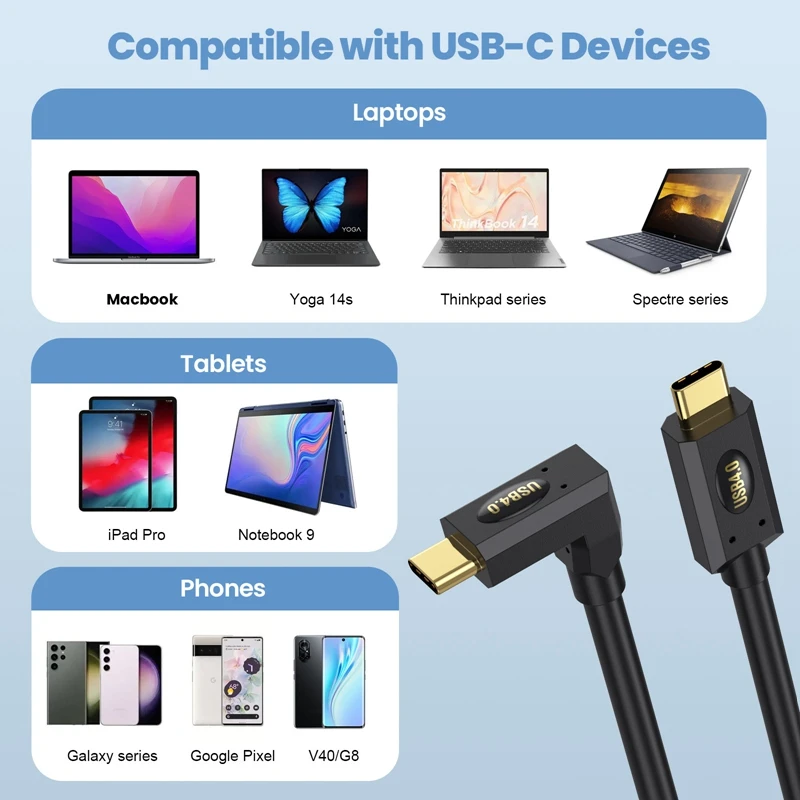 For Macbook Pro 0.3m 0.6m 1m USB 4.0 40Gbps PD 240W 5A Lightning Fast Charging Elbow Type-C Cable 8K 60Hz Cable Suitable